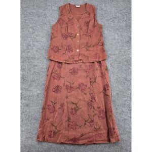 Clio Vintage 90s 100% Linen 2 Piece Vest and Midi Skirt Set Floral Rose Rust Med